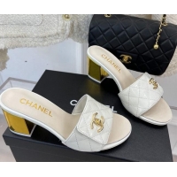 Best Grade Chanel Patent Leather Slide Sandals 7cm with CC Foldover White 327040