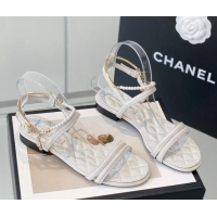 Good Quality Chanel Fabric & Leather Flat Sandals with Pearl Ankle Strap White 327041