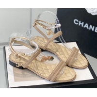 Purchase Chanel Fabric & Leather Flat Sandals with Pearl Ankle Strap Beige 327042