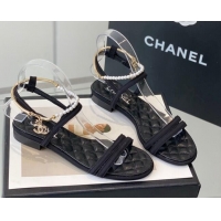 Best Price Chanel Fabric & Leather Flat Sandals with Pearl Ankle Strap Black 327043