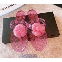 Most Popular Chanel Camellia Bloom PVC Flat Thong Sandals Pink 0327046