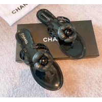 Top Grade Chanel Camellia Bloom PVC Flat Thong Sandals Black 327048