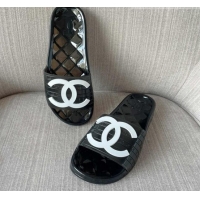 Low Cost Chanel CC PVC Flat Slide Sandals Black/White 327050