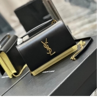 Buy Inexpensive SAINT LAURENT SUNSET CHAIN WALLET IN COATED BARK LEATHER 533026 black&yellow