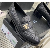 Good Quality Chanel Quilted Calfskin Loafers with CC Strap Black 328013