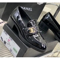 Shop Duplicate Chanel Patent Calfskin Loafers with CC Strap Black 328014