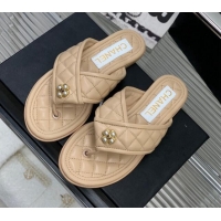 Good Looking Chanel Quilted Calfskin Flat Slide Thong Sandals with Pearl Bloom Beige 328022