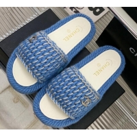 Best Grade Chanel Braided Knit Flat Slide Sandals G38189 Blue 328027