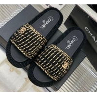 Sumptuous Chanel Braided Knit Flat Slide Sandals G38189 Black 328030