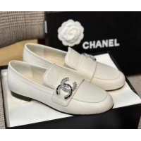 Stylish Chanel Calfskin Loafers with Crystal CC White 328036