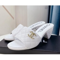 Good Quality Chanel Quilted Lambskin Heel Slide Sandals 6cm G38820 White 328054