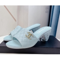 Duplicate Chanel Quilted Lambskin Heel Slide Sandals 6cm G38820 Light Blue 328057