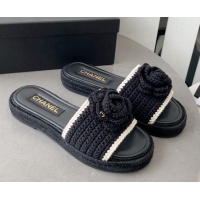 Low Price Chanel Camellia Bloom Crochet Flat Slide Sandals Black 328058