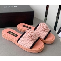 Best Price Chanel Camellia Bloom Crochet Flat Slide Sandals Light Pink 328059