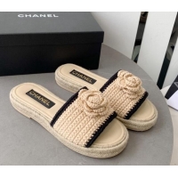 Perfect Chanel Camellia Bloom Crochet Flat Slide Sandals Beige 328060