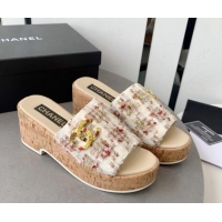 Best Product Chanel Tweed Platform Heel Slide Sandals 7.5cm Beige 328063