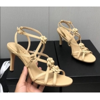 Classic Hot Chanel Lambskin Heel Sandals with Strap Bloom Beige 328072