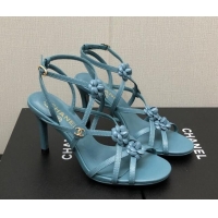 Grade Quality Chanel Lambskin Heel Sandals with Strap Bloom Blue 328073