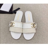 Top Design Chanel Tweed Flat Slide Sandals with Chain CC White 328080