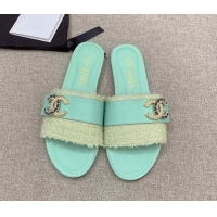 Discount Chanel Tweed Flat Slide Sandals with Chain CC Green 328081