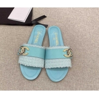 Pretty Style Chanel Tweed Flat Slide Sandals with Chain CC Blue 328082