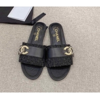 Best Product Chanel Tweed Flat Slide Sandals with Chain CC Black 328083