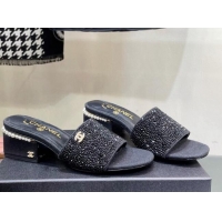 Popular Style Chanel Crystals Heel Slide Sandals with Pearls 5cm Black 328086