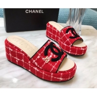 Perfect Chanel Tweed Platform Slide Sandals Red 328114