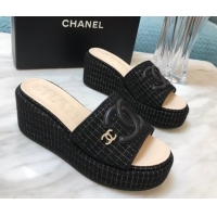 Duplicate Chanel Tweed Platform Slide Sandals Black 328115