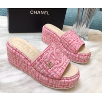 Luxury Chanel Tweed Platform Slide Sandals Light Pink 328117