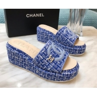 Grade Quality Chanel Tweed Platform Slide Sandals Blue 328118