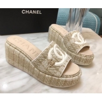 Low Cost Chanel Tweed Platform Slide Sandals Beige 328119