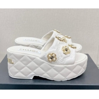 Sumptuous Chanel Lambskin Platform Slide Sandals 6cm with Pearl Bloom White 328125