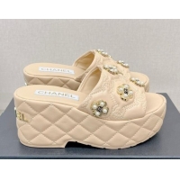 Hot Style Chanel Lambskin Platform Slide Sandals 6cm with Pearl Bloom Beige 328126