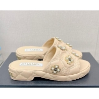 Most Popular Chanel Lambskin Slide Sandals with Pearl Bloom Beige 328128