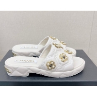 Durable Chanel Lambskin Slide Sandals with Pearl Bloom White 328129