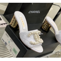 Good Product Chanel Quilted Lambskin Heel Slide Sandals 5.5cm with Pearl CC White 328135