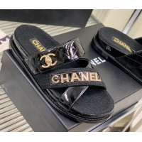 Popular Style Chanel Raffia & Patent Leather Flat Slide Sandals Black 328137