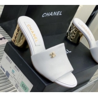 Stylish Chanel Lambskin Slide Sandals 5.5cm with Metal CC White 403062