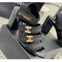 Unique Style Chanel Lycra Fabric Heel Sandals 8cm with CC Strap Black 403073