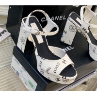 Most Popular Chanel Printed Leather Heel Platform Sandals 7cm White 403076