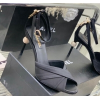 Top Grade Chanel Satin Heel Sandals 8.5 with Crystal Ball Heel and Bow Black 403079