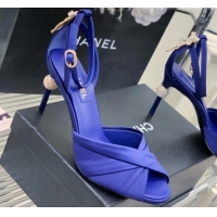 Top Design Chanel Satin Heel Sandals 8.5 with Crystal Ball Heel and Bow Blue 403080