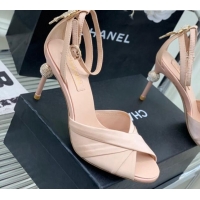 Good Looking Chanel Satin Heel Sandals 8.5 with Crystal Ball Heel and Bow Nude Pink 403081