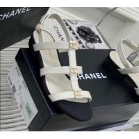 Best Product Chanel Leather Sandals with Crystal CC White 403082