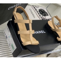 Charming Chanel Leather Sandals with Crystal CC Beige 403083