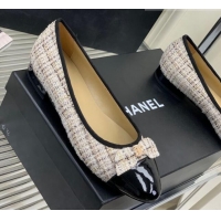 Expensive Chanel Tweed & Patent Leather Ballerinas Flat with Bow G39999 Beige/Black