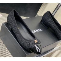 Duplicate Chanel Tweed & Patent Leather Ballerinas Flat with Bow G39999 Black