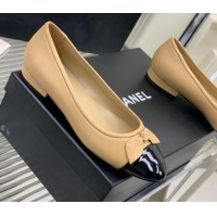 Best Grade Chanel Lambskin & Patent Leather Ballerinas Flat with Bow G39999 Beige