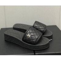 Good Looking Chanel Quilted Leather Platform Flat Slide Sandals Black 403099